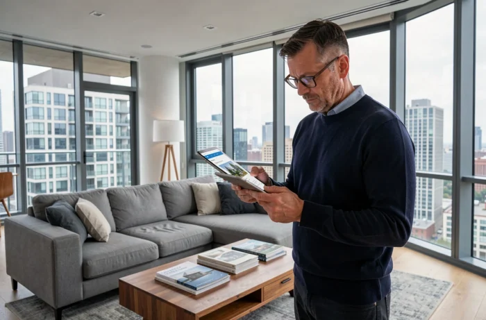 Homme consultant un site immobilier sur tablette dans un salon contemporain