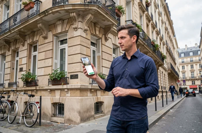 Homme consultant une annonce de location immobilière sur son smartphone devant un immeuble résidentiel