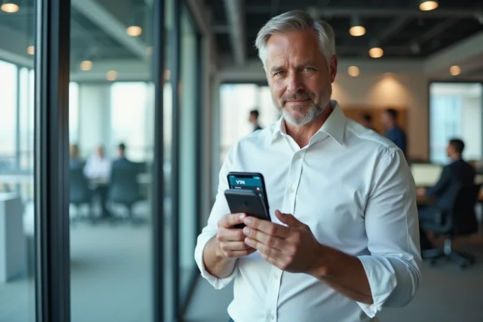Homme professionnel configurant les paramètres VPN et gestionnaire de mots de passe sur smartphone au bureau