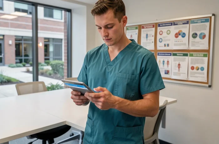 Infirmier consultant une application médicale sur tablette dans une salle de pause hospitalière moderne