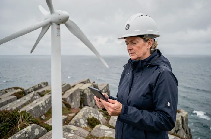 Ingénieure bretonne inspectant une éolienne côtière sur les falaises de granite en Bretagne, avec l'océan Atlantique en arrière-plan