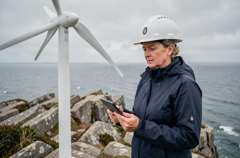 Ingénieure bretonne inspectant une éolienne côtière sur les falaises de granite en Bretagne, avec l'océan Atlantique en arrière-plan