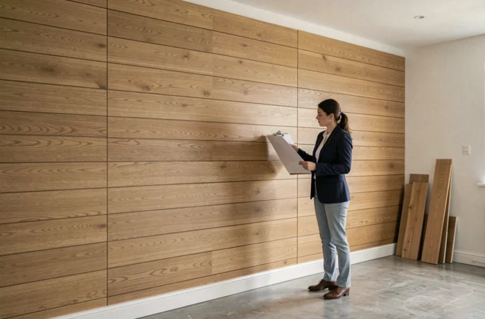Designer intérieur inspectant une pose complète de panneaux Vipanel effet bois dans un séjour moderne