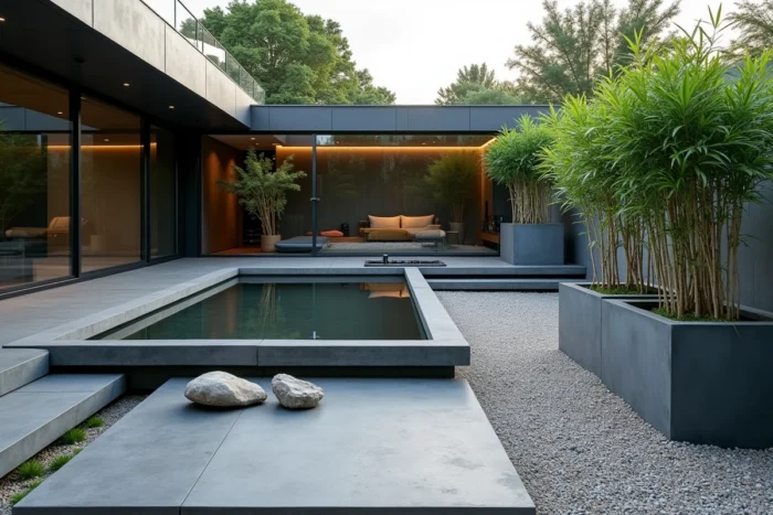 Jardin contemporain minimaliste avec bassin réfléchissant en béton, deck en bois composite et bambous en jardinières zinc devant une maison moderne