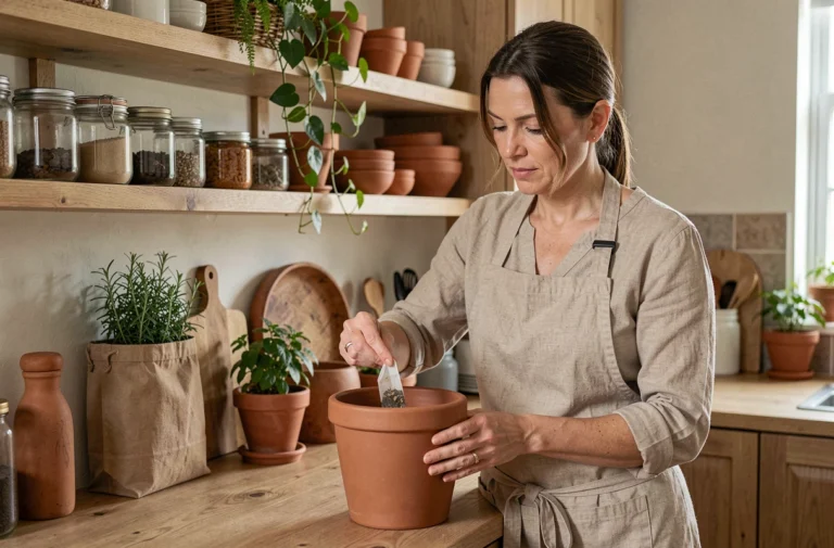 Femme déposant un sachet de thé usagé dans un bac à compost en céramique dans une cuisine en bois naturel, geste écologique du quotidien