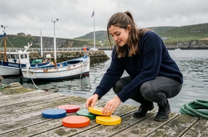 Jeune femme préparant un jeu de palets breton sur un quai en bois dans un port de pêche breton
