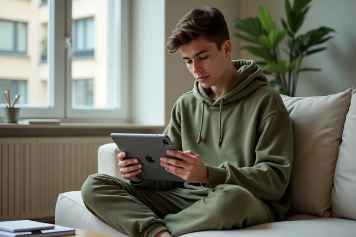 Jeune adulte apprenant des astuces informatiques via une tablette tactile confortablement installé dans son salon