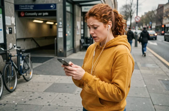 Jeune femme consultant les dernières actualités sur son smartphone dans la rue en ville