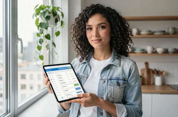 Jeune femme vérifiant son compte bancaire en ligne sur une tablette dans un appartement moderne