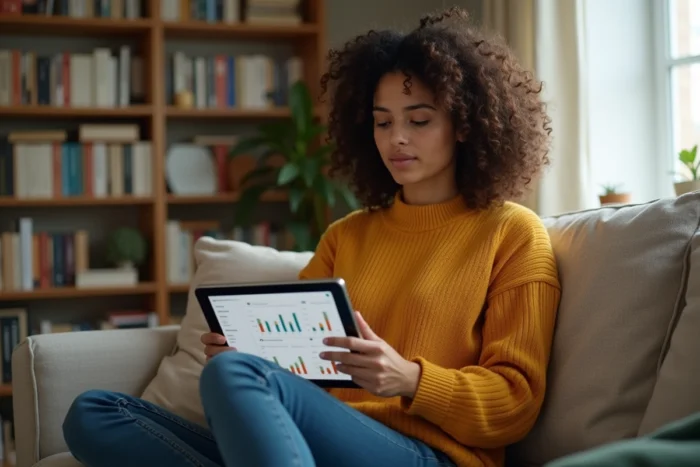 Jeune femme travaillant sur une stratégie de contenu digital et de présence en ligne depuis son bureau à domicile