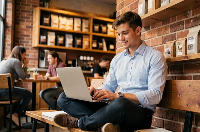 Jeune professionnel travaillant sur son développement de carrière dans un café urbain avec un ordinateur portable et un carnet de notes