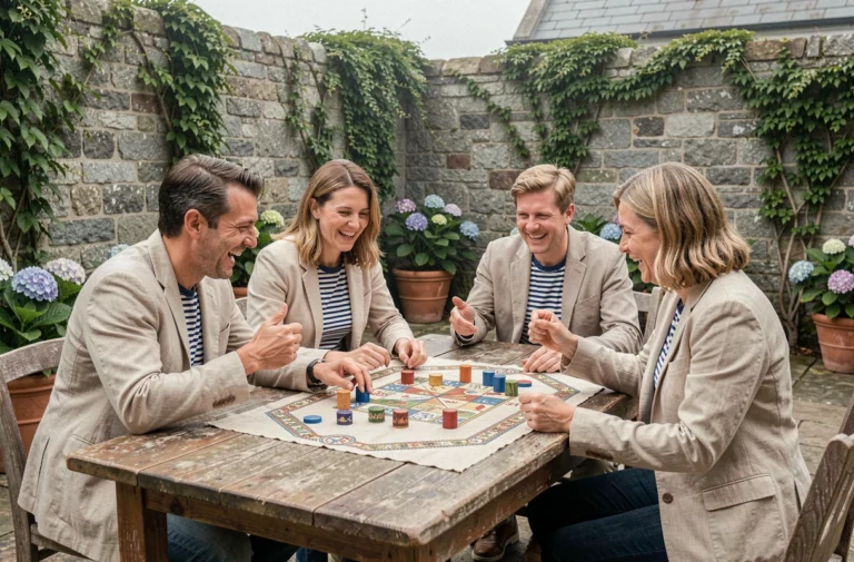 Groupe d'adultes jouant à un jeu de société breton traditionnel autour d'une table en bois dans une cour en granit bretonne