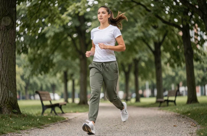 Femme faisant du jogging dans un parc verdoyant pour illustrer l'activité physique et la santé au quotidien