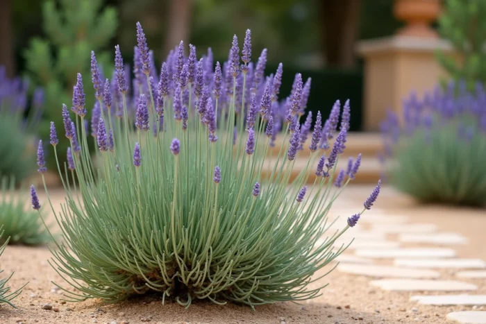 Plant de lavande à racine pivotante poussant en autonomie dans un sol sec calcaire de jardin provençal