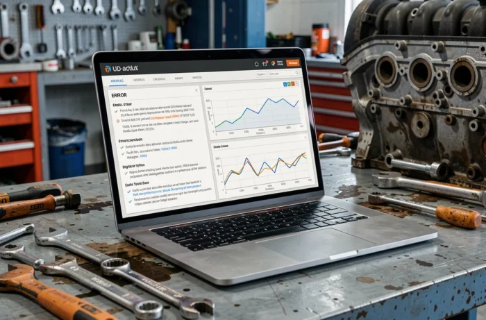 Logiciel de diagnostic automobile affichant des codes d'erreur et données moteur sur un ordinateur portable en atelier