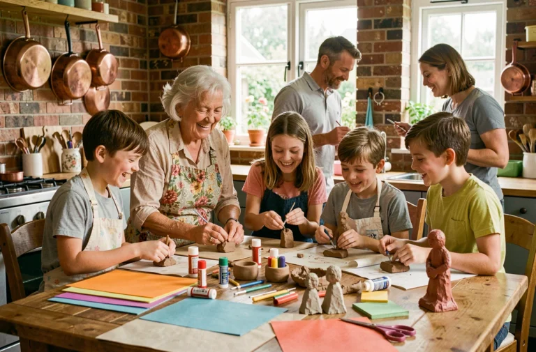 Famille multigénérationnelle créant des activités manuelles ensemble autour d'une table en bois dans une cuisine conviviale
