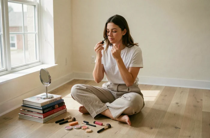 Jeune femme se maquillant assise sur le sol d'un salon minimaliste lumineux, astuce maquillage beauté naturelle