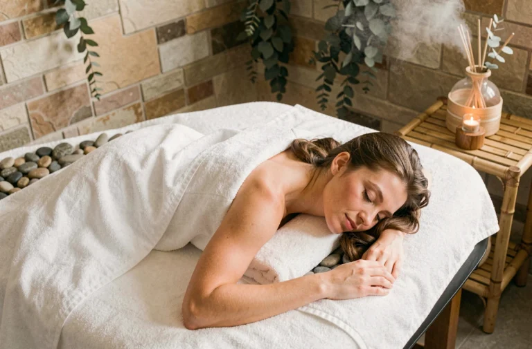 Femme recevant un massage aux pierres chaudes dans un spa haut de gamme, allongée sur une table de massage avec des pierres sur le dos
