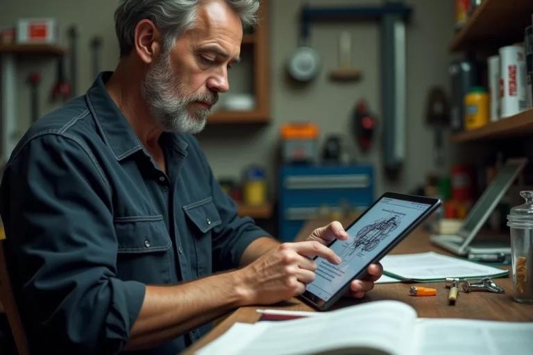 Mécanicien consultant une revue technique automobile en PDF sur une tablette dans un atelier