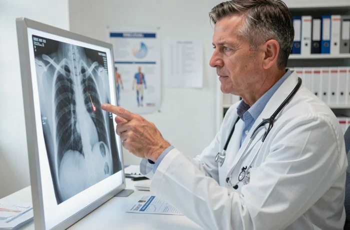 Médecin examinant une radiographie thoracique montrant une scissure azygos dans un cabinet de radiologie