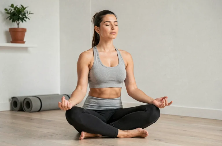 Femme en tenue de sport méditant dans un salon minimaliste pour illustrer le bien-être au quotidien