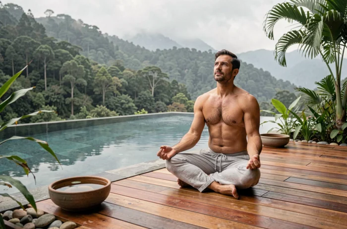 Homme en méditation en plein air sur une terrasse en bois face à une piscine à débordement et des montagnes boisées dans un retreat bien-être