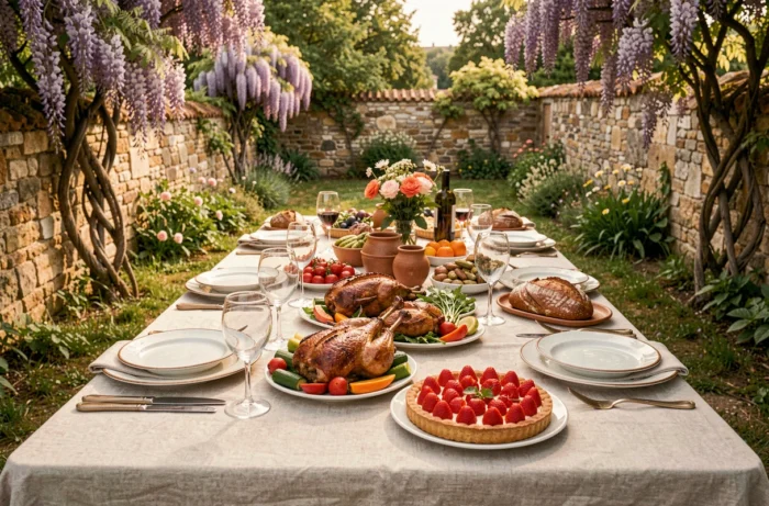 Table de repas de Pentecôte dressée en plein air dans un jardin de campagne française avec des plats traditionnels de saison