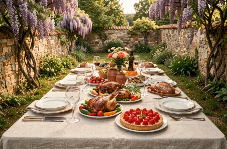 Table de repas de Pentecôte dressée en plein air dans un jardin de campagne française avec des plats traditionnels de saison