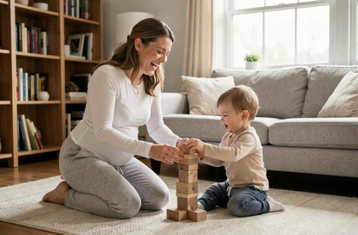 Mère enceinte jouant avec son jeune enfant dans un salon familial chaleureux, moment authentique de parentalité au quotidien