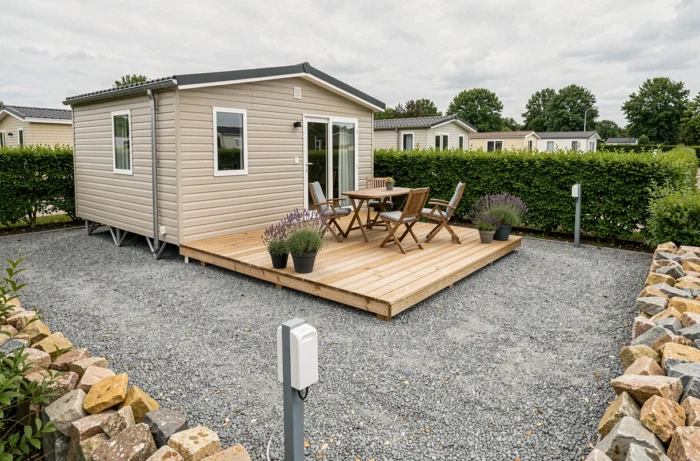Mobil-home moderne avec terrasse bois sur une parcelle résidentielle aménagée et clôturée en Vendée