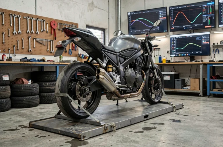 Moto attachée sur un banc de puissance dans un atelier de préparation moto professionnel