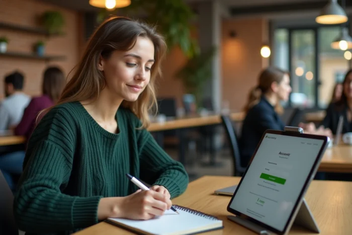 Jeune femme consultant son espace extranet personnel sur une tablette dans un espace de coworking