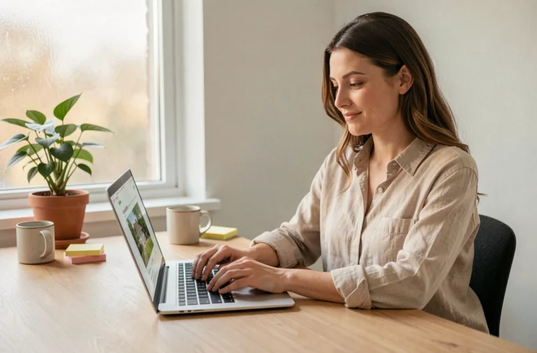 Femme naviguant sur un site immobilier depuis un bureau à domicile moderne