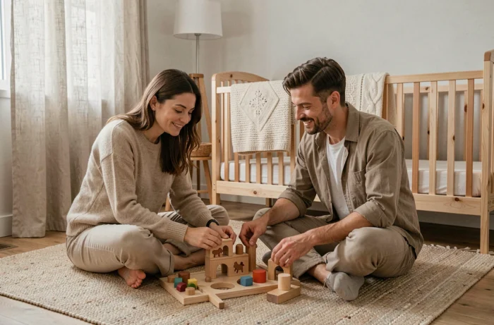 Couple de futurs parents examinant des jouets en bois non toxiques dans une chambre de bébé aménagée de manière naturelle et éthique