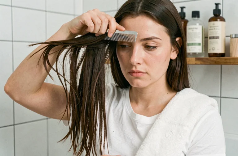Femme utilisant un peigne fin anti-poux pour démêler ses cheveux bruns dans une salle de bain propre et lumineuse
