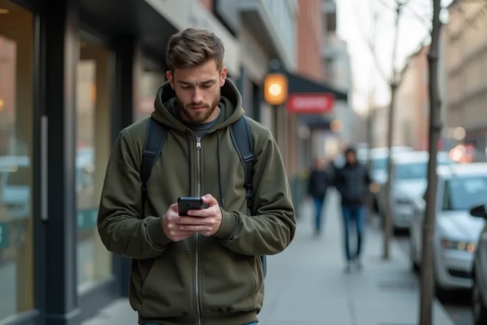 Personne dans la rue vérifiant un numéro de téléphone inconnu sur son smartphone en milieu urbain
