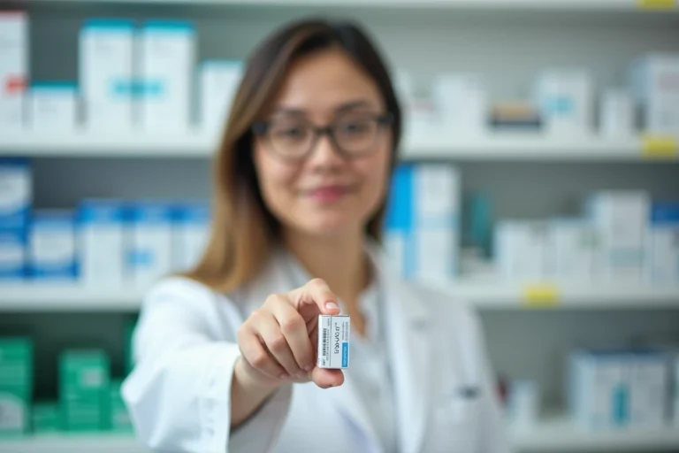 Pharmacienne tenant une boîte de médicament et montrant le code CIP imprimé sur l'emballage au comptoir d'une pharmacie