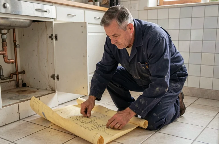 Plombier consultant un plan de canalisation de maison déroulé sur le sol d'une cuisine