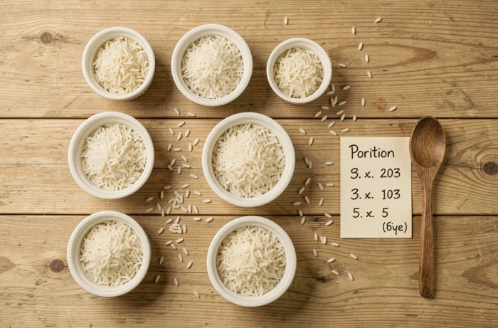 Vue de dessus de portions de riz cru dans des bols en céramique avec cuillère en bois et guide de dosage