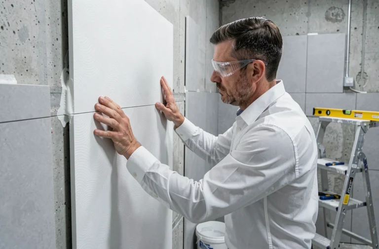 Artisan posant un panneau mural Vipanel en salle de bain avec outils de mesure et colle de fixation
