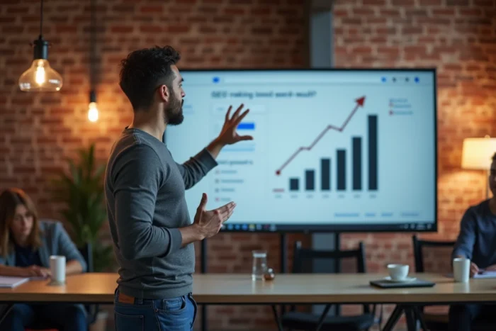 Homme présentant une stratégie de référencement et de visibilité en ligne sur un écran dans un espace de coworking