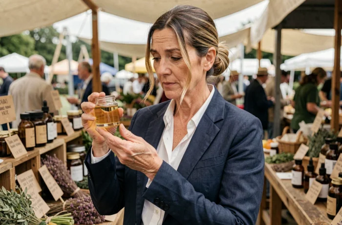 Femme de 45 ans examinant un produit de beauté naturel artisanal sur un marché bio, conseil beauté ingrédients naturels