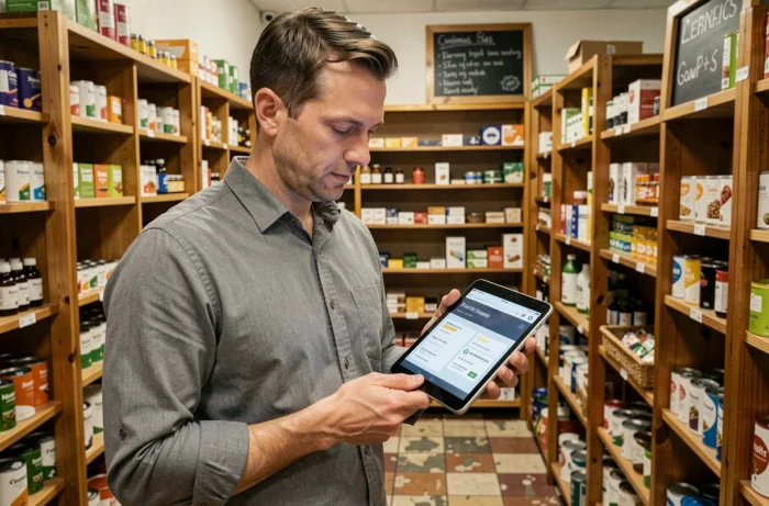 Propriétaire de boutique consultant la fiche de son entreprise sur un annuaire professionnel en ligne via tablette