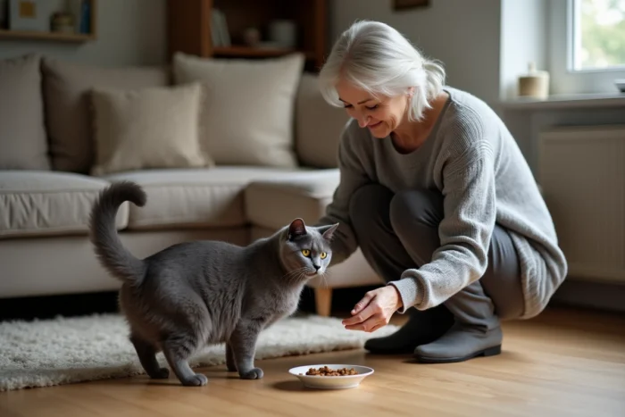 Femme âgée donnant une portion de nourriture humide à son chat British Shorthair gris dans un salon cosy