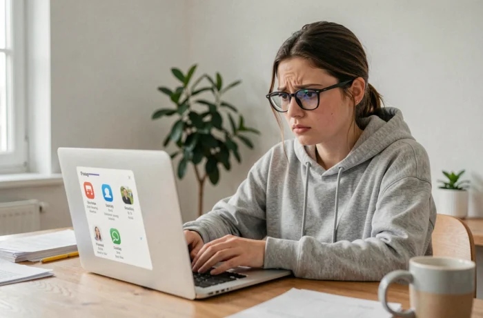Jeune femme inquiète vérifiant les paramètres de confidentialité sur son ordinateur portable pour protéger ses contenus sur les réseaux sociaux