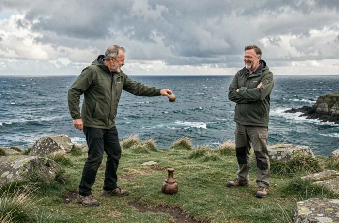 Deux hommes jouant aux quilles bretonnes sur une falaise herbeuse avec vue panoramique sur la côte atlantique bretonne