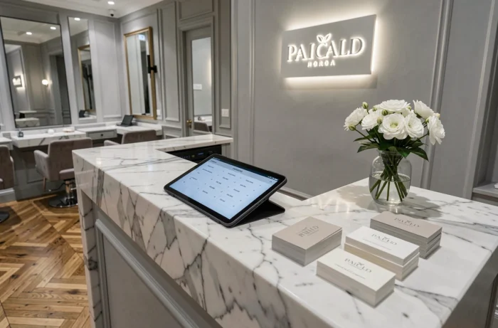 Réception d'un salon de coiffure parisien haut de gamme avec menu tarifaire numérique sur tablette