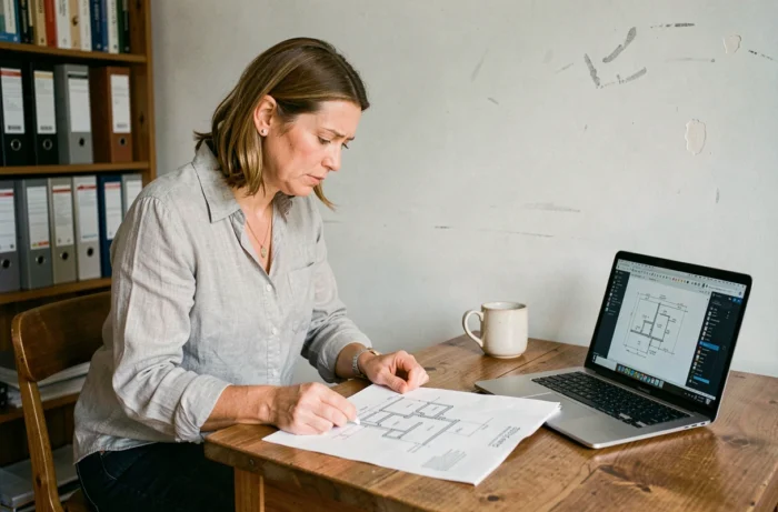 Femme comparant un plan de canalisation papier avec une version numérique sur ordinateur portable