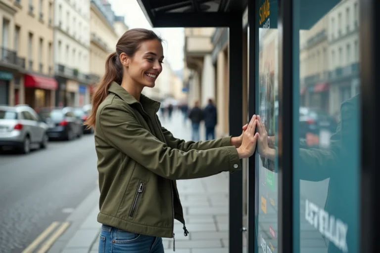 Femme récupérant une affiche publicitaire dans un abribus JCDecaux en ville
