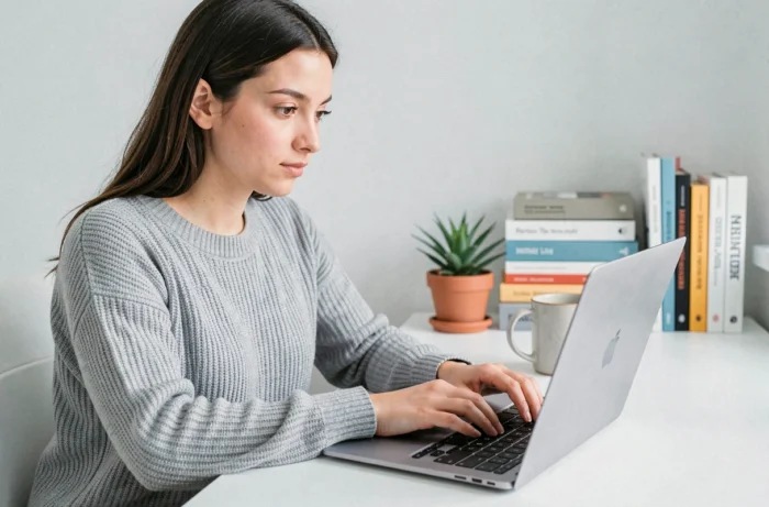 Jeune femme rédigeant un avis client sur son ordinateur portable depuis son bureau à domicile, représentant le processus de notation d'une boutique en ligne